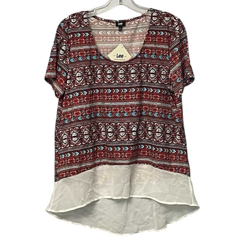Lee Women's Top Size XL Tribal Pattern Stretch Short Sleeve Sheer Layer Hem New